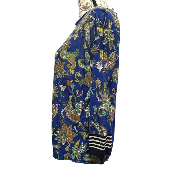 Ann Taylor LOFT Paisley Floral Semi Sheer Top Size Large Blue 3/4 Sleeve - Picture 3 of 7